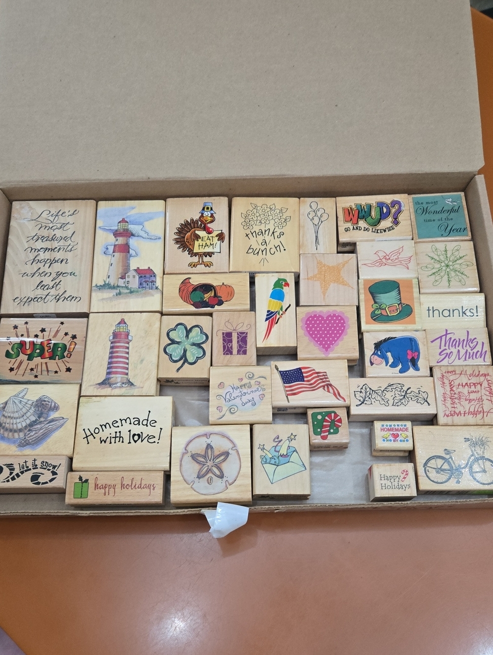 Wooden Rubber Stamp Set (35 Total Stamps) with Colorful Designs